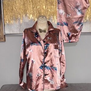 Silky Pink Pajama Set with Floral Design